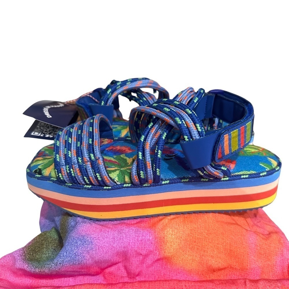 Farm Rio Macaw Tropical Colorful Platform Sandal Blue New With Tags Retail $230